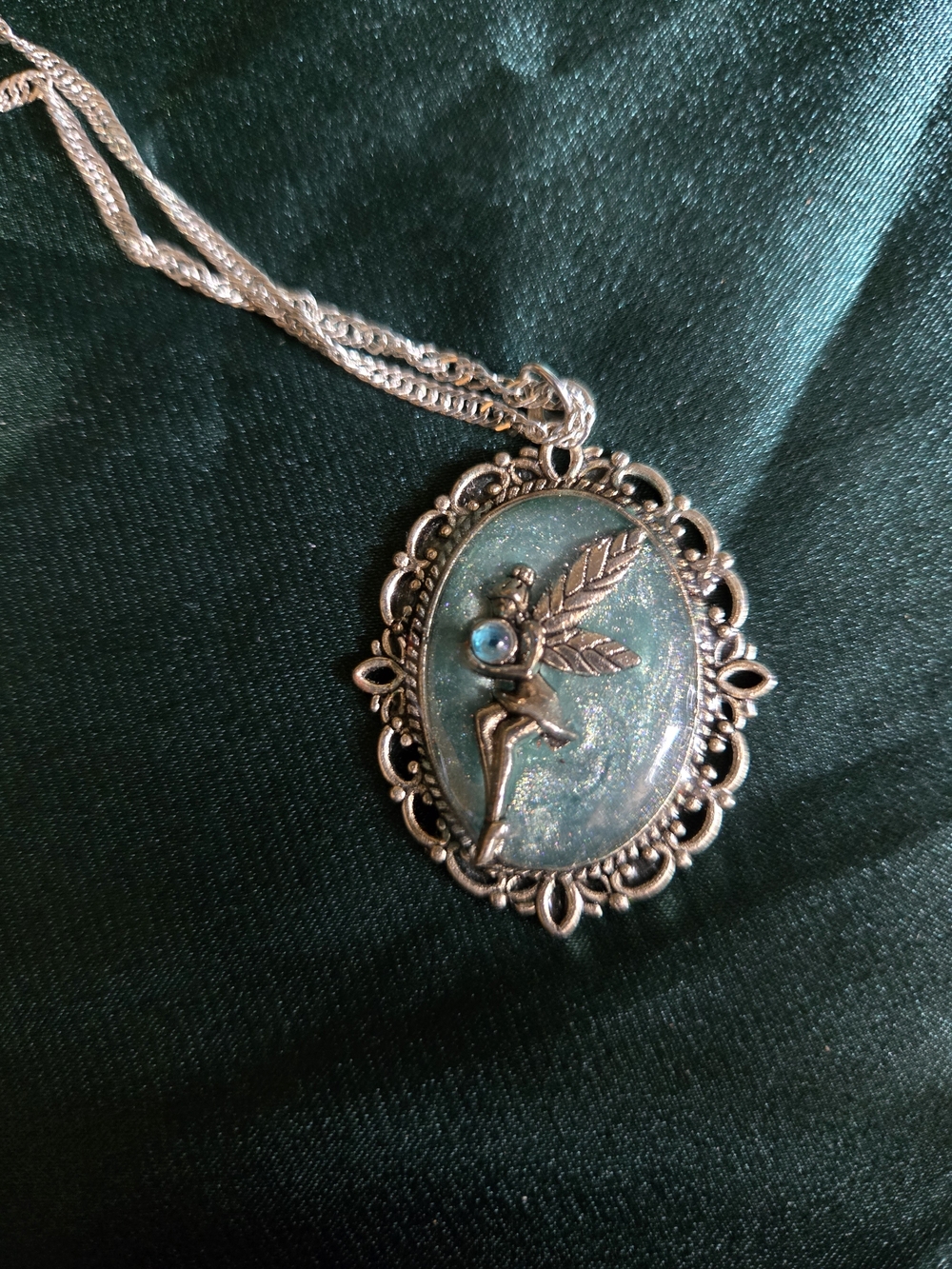 Hand Crafted Silver Fairy Pendant Necklace in Teal, Has A Sterling Silver Chain